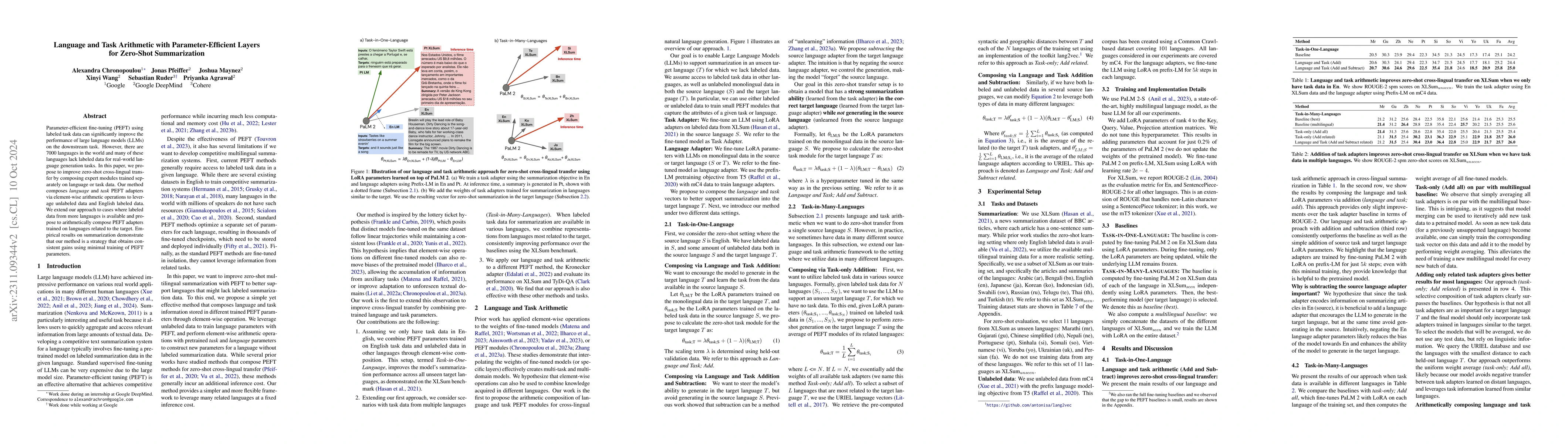 Thumbnail for Language and Task Arithmetic with Parameter-Efficient Layers for
  Zero-Shot Summarization
