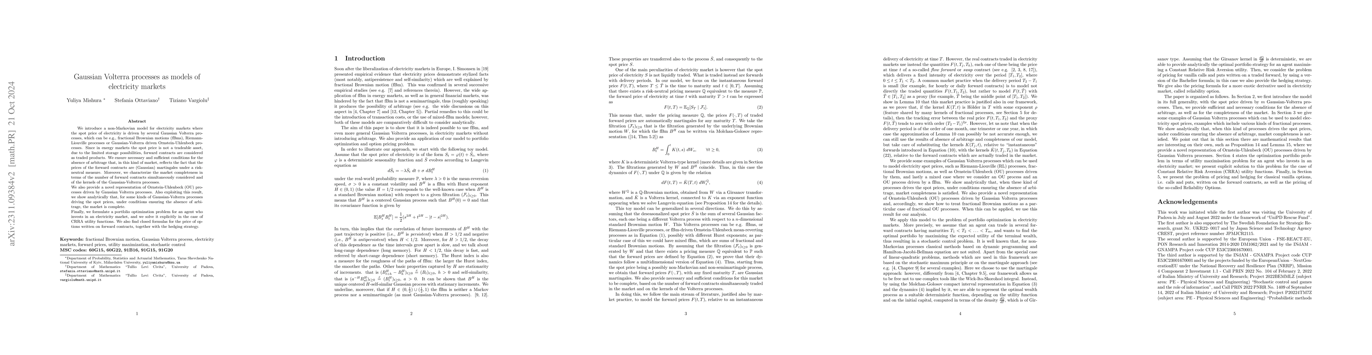 Thumbnail for Gaussian Volterra processes as models of electricity markets