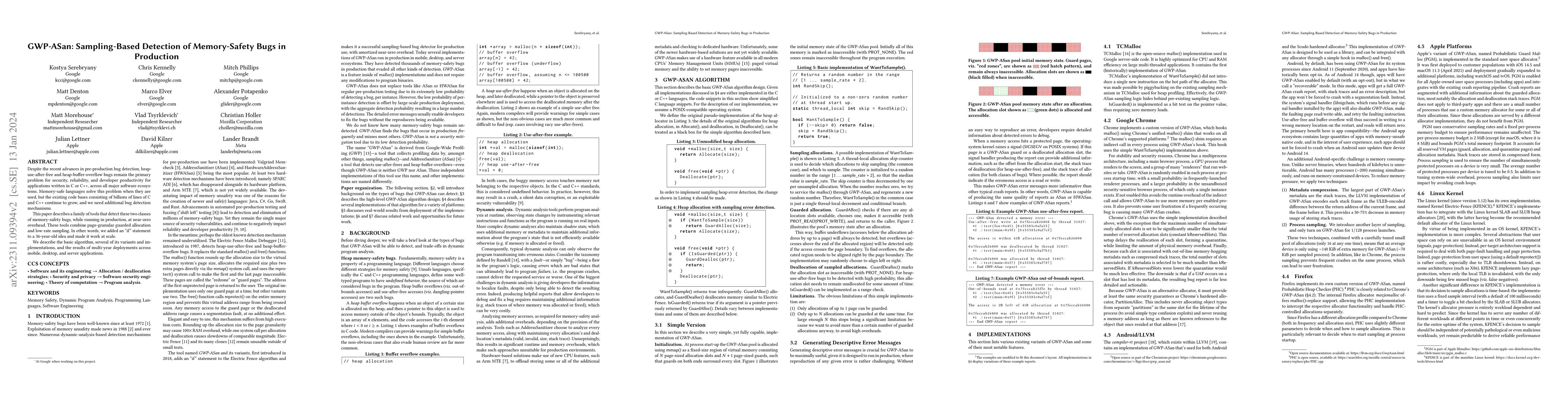 Thumbnail for GWP-ASan: Sampling-Based Detection of Memory-Safety Bugs in Production