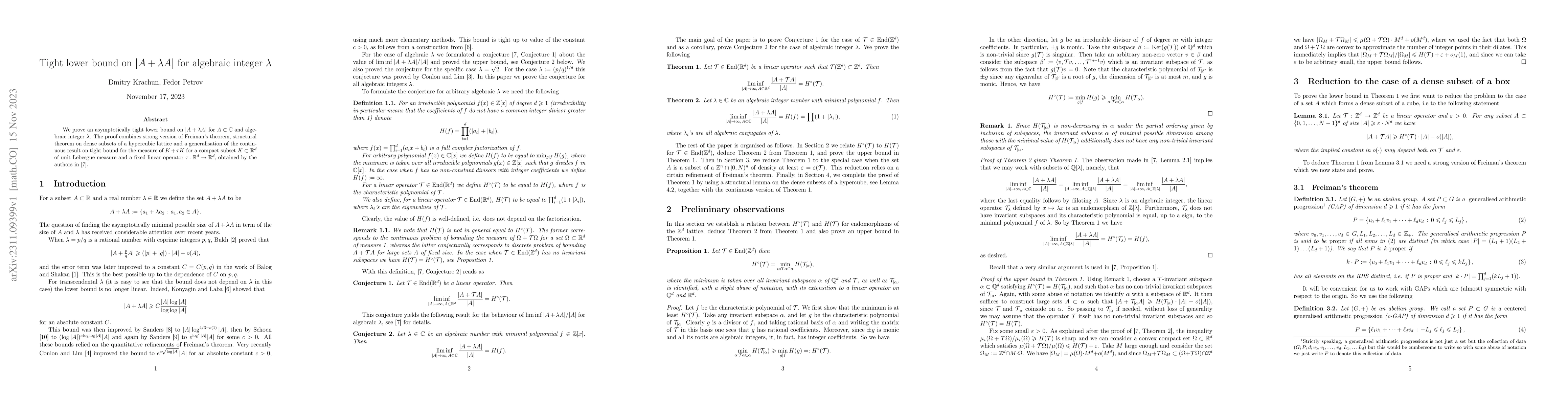 Thumbnail for Tight lower bound on $|A+\lambda A|$ for algebraic integer $\lambda$