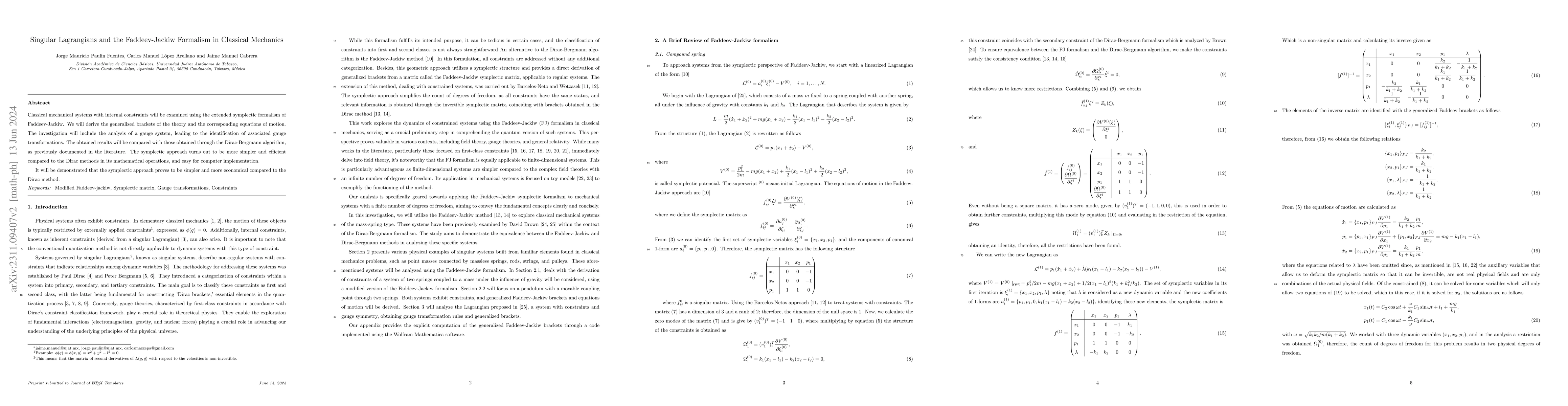 Thumbnail for Singular Lagrangians and the Faddeev-Jackiw Formalism in Classical
  Mechanics