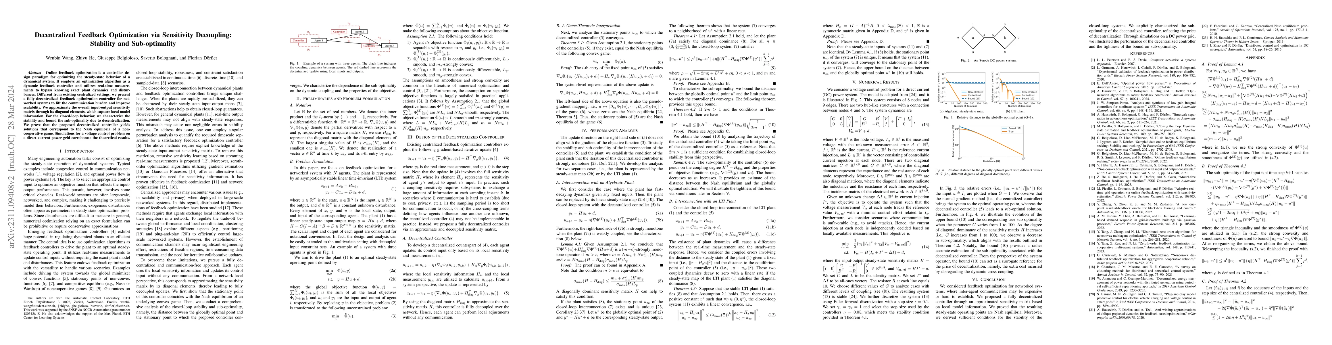 Thumbnail for Decentralized Feedback Optimization via Sensitivity Decoupling:
  Stability and Sub-optimality
