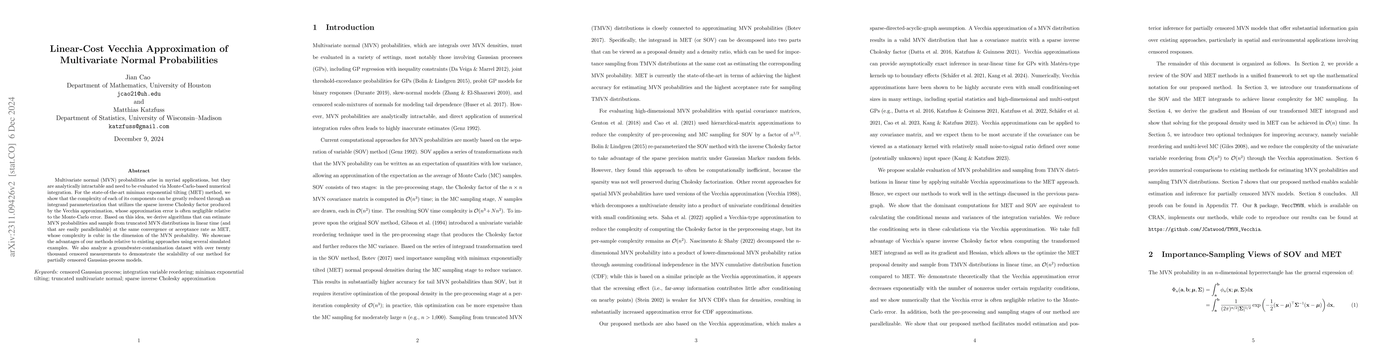 Thumbnail for Linear-Cost Vecchia Approximation of Multivariate Normal Probabilities