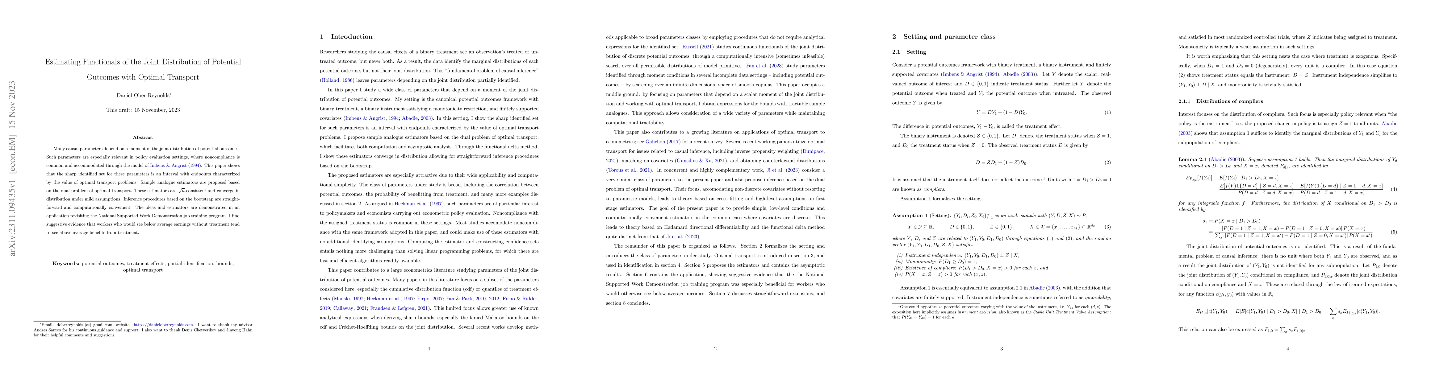 Thumbnail for Estimating Functionals of the Joint Distribution of Potential Outcomes
  with Optimal Transport
