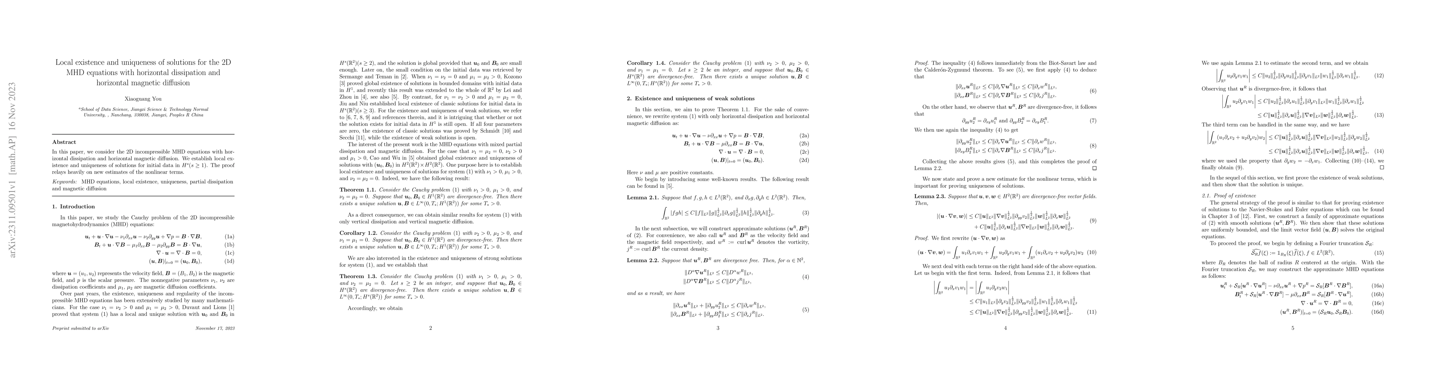 Thumbnail for Local existence and uniqueness of solutions for the 2D MHD equations
  with horizontal dissipation and horizontal magnetic diffusion
