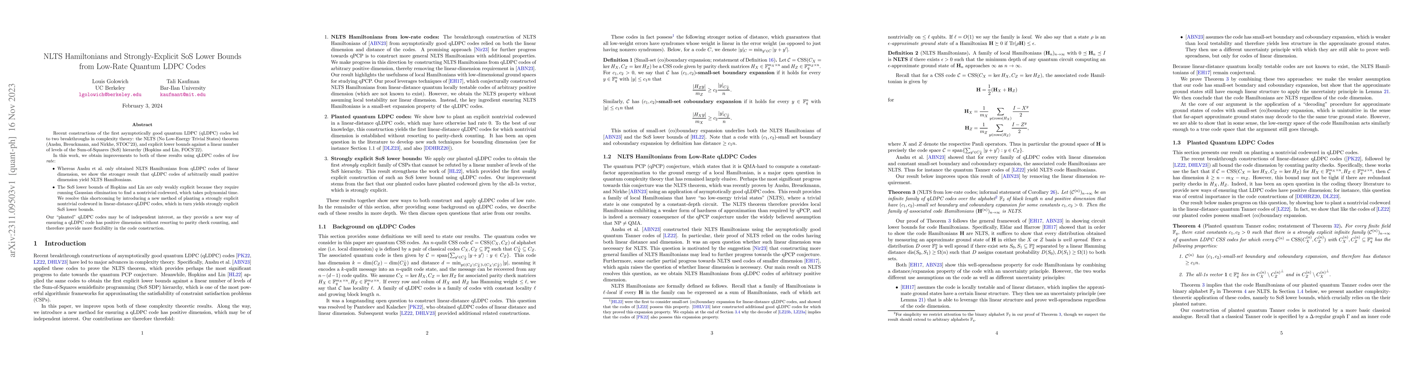 Thumbnail for NLTS Hamiltonians and Strongly-Explicit SoS Lower Bounds from Low-Rate
  Quantum LDPC Codes