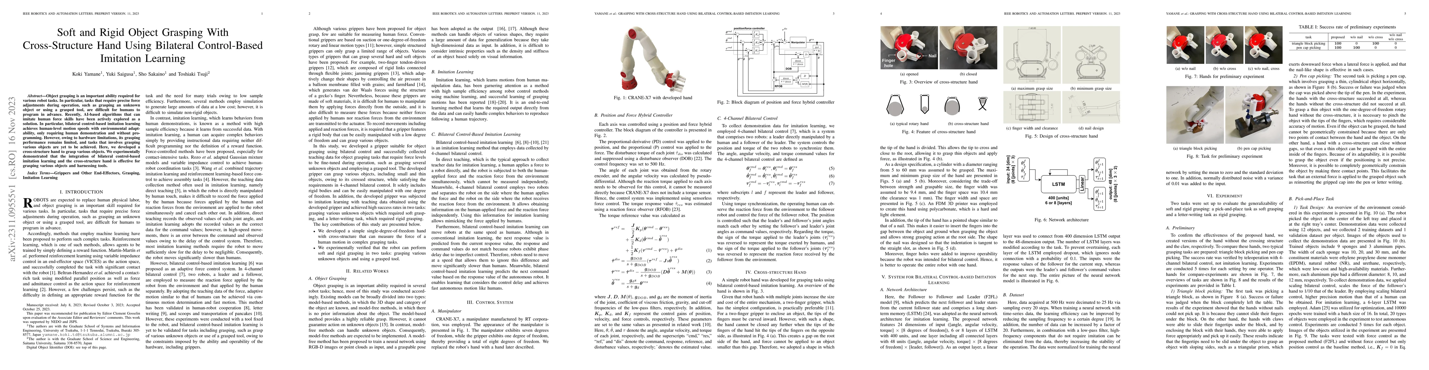 Thumbnail for Soft and Rigid Object Grasping With Cross-Structure Hand Using Bilateral
  Control-Based Imitation Learning