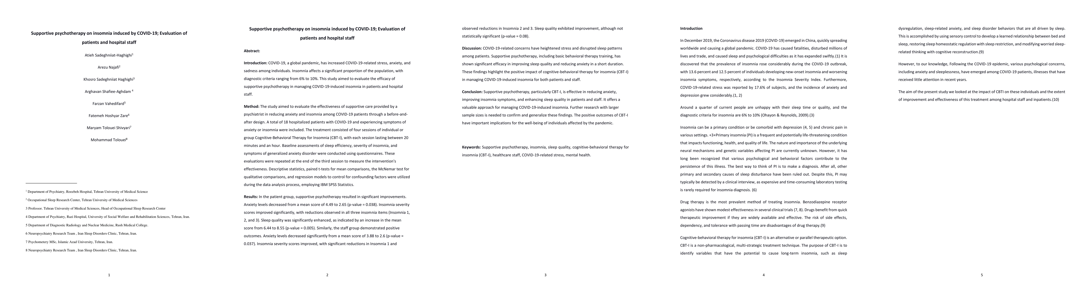 Thumbnail for Supportive psychotherapy on insomnia induced by COVID-19; Evaluation of
  patients and hospital staff