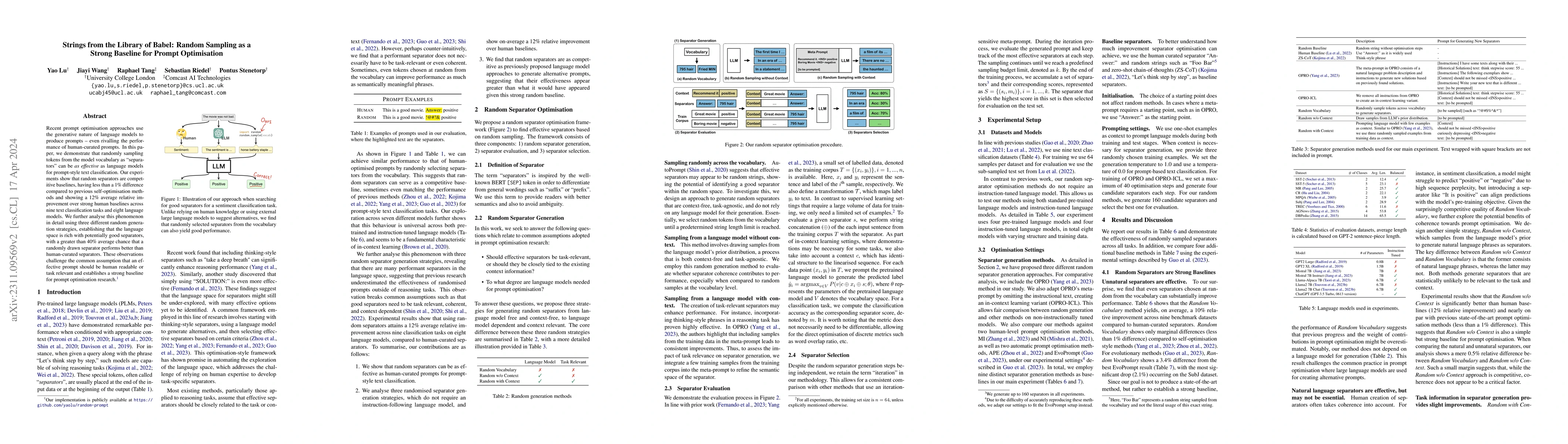 Thumbnail for Strings from the Library of Babel: Random Sampling as a Strong Baseline
  for Prompt Optimisation