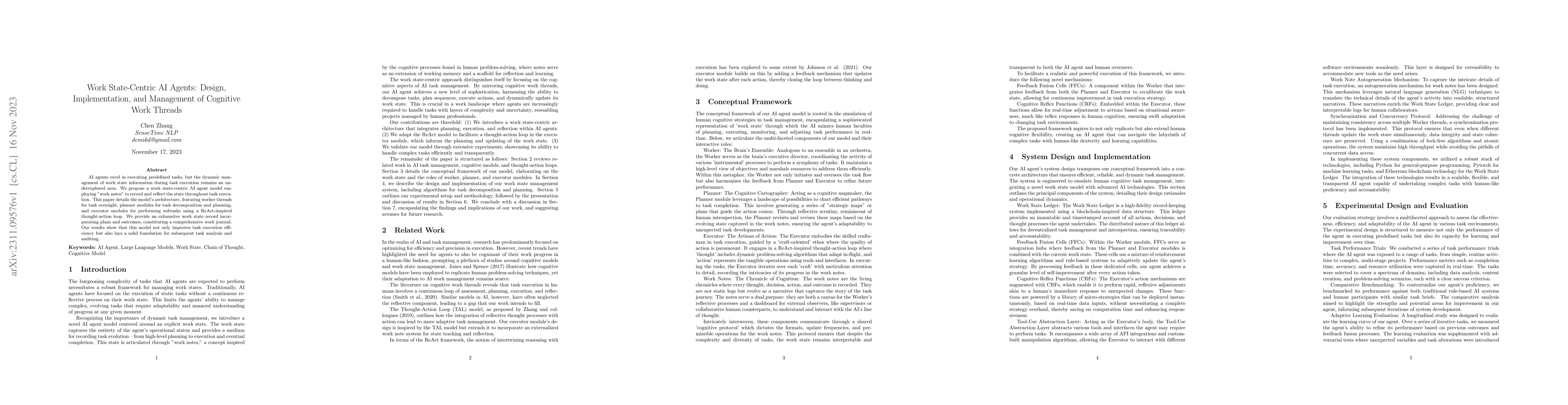 Thumbnail for Work State-Centric AI Agents: Design, Implementation, and Management of
  Cognitive Work Threads