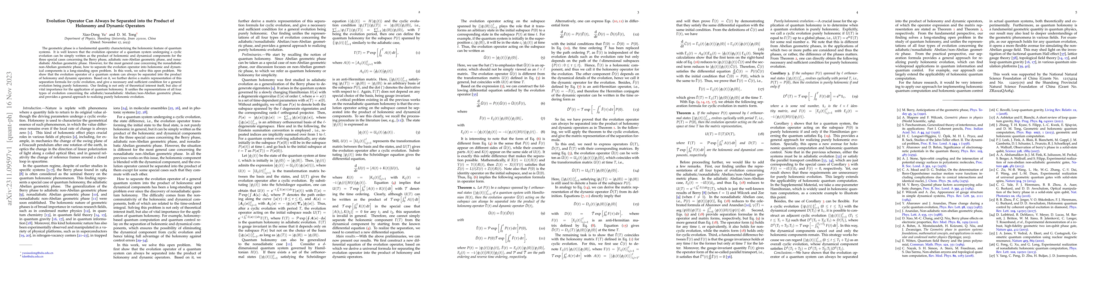 Thumbnail for Evolution Operator Can Always be Separated into the Product of Holonomy
  and Dynamic Operators