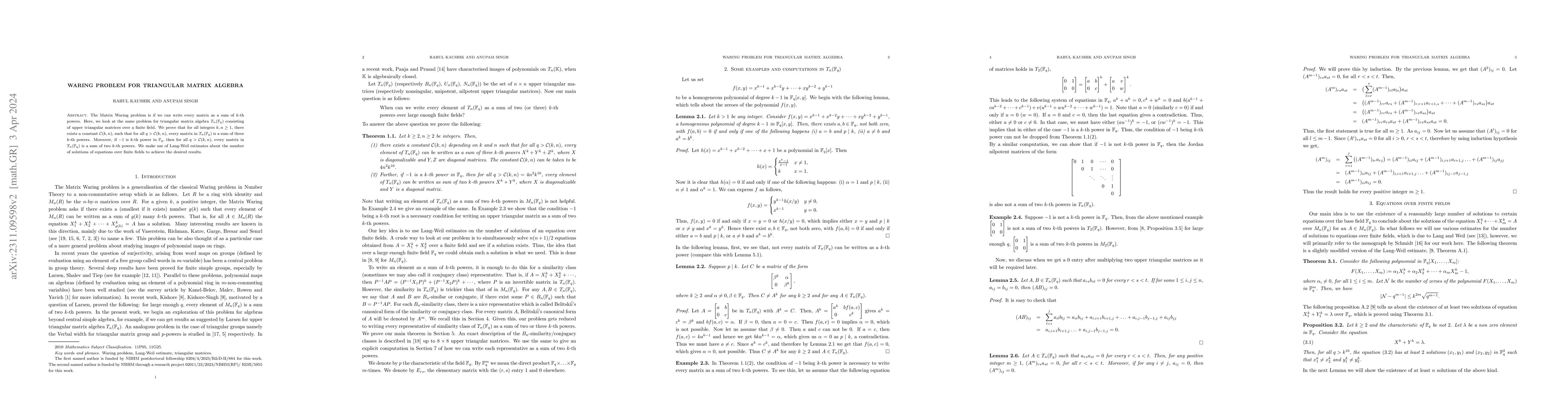 Thumbnail for Waring Problem For Triangular Matrix Algebra