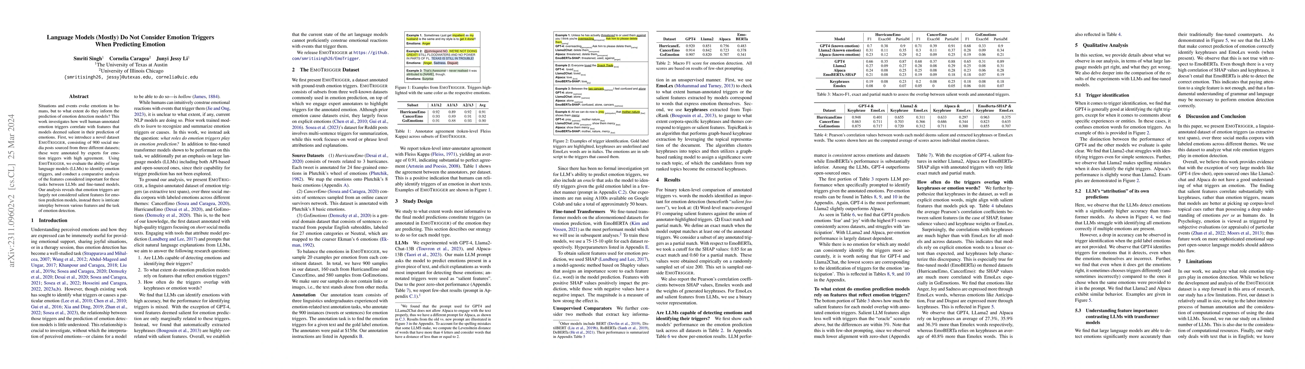Thumbnail for Language Models (Mostly) Do Not Consider Emotion Triggers When
  Predicting Emotion