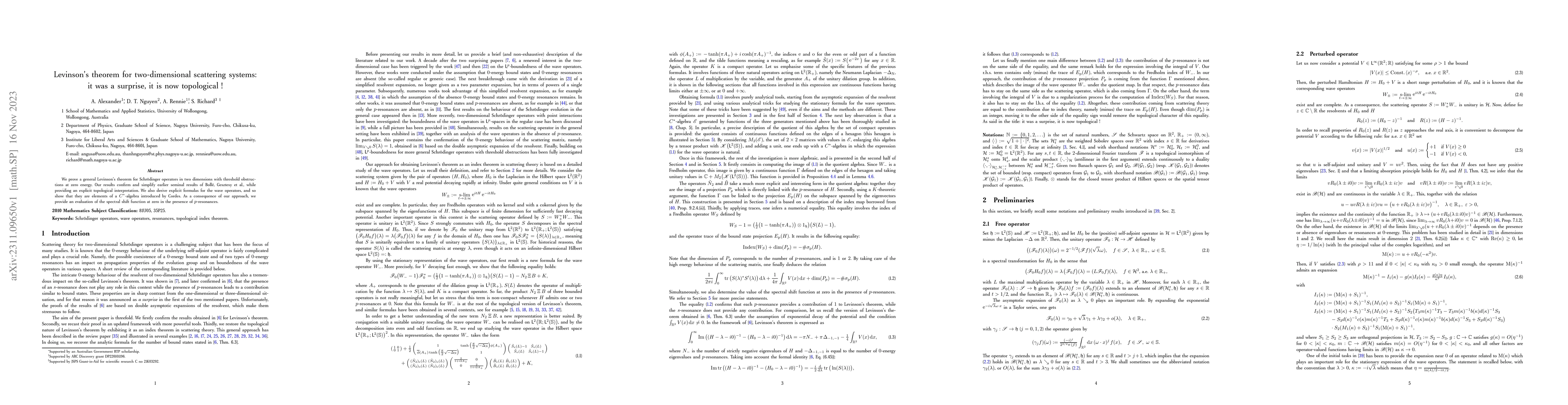 Thumbnail for Levinson's theorem for two-dimensional scattering systems: it was a
  surprise, it is now topological!