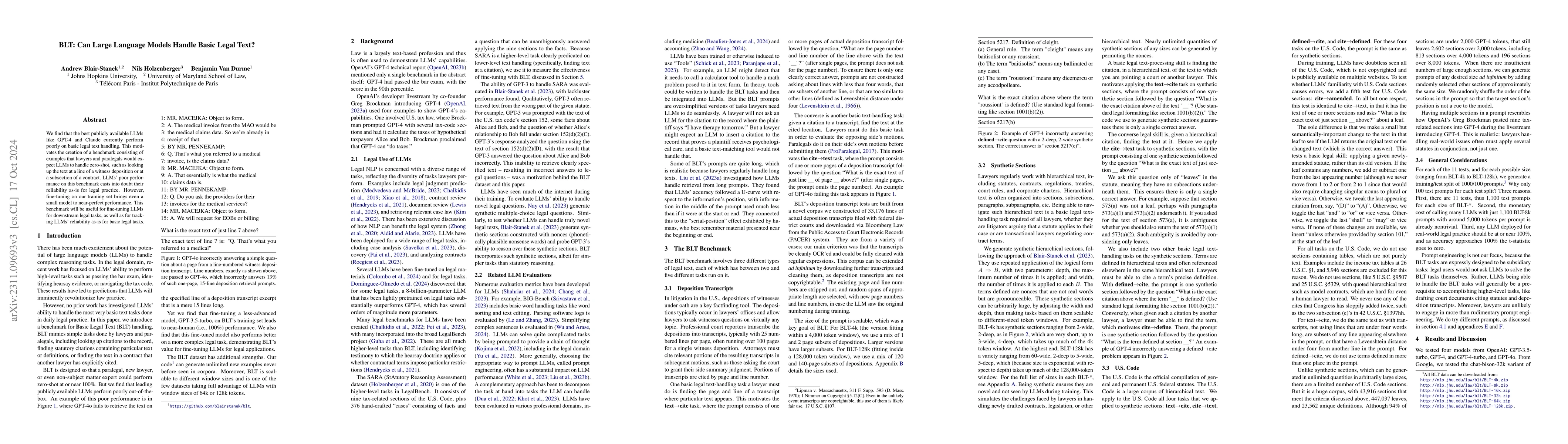 Thumbnail for BLT: Can Large Language Models Handle Basic Legal Text?