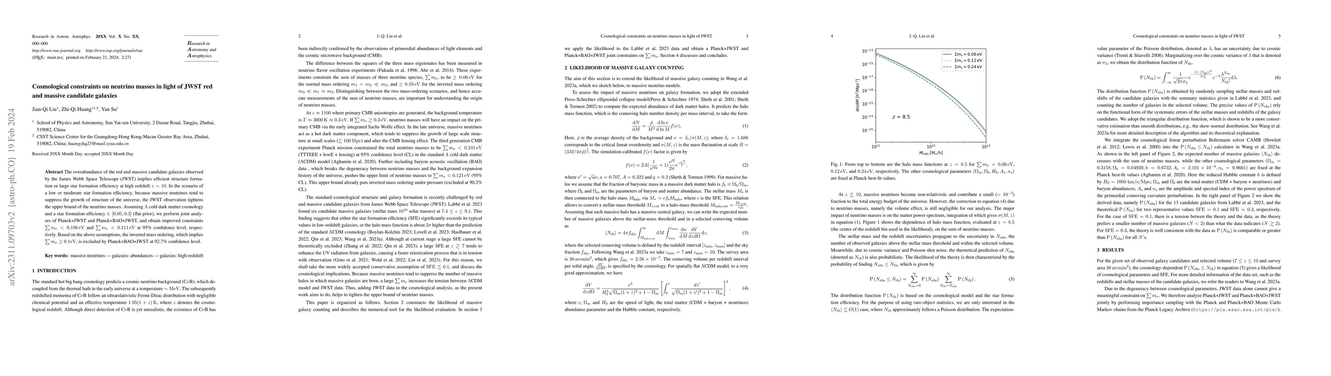 Thumbnail for Cosmological constraints on neutrino masses in light of JWST red and
  massive candidate galaxies