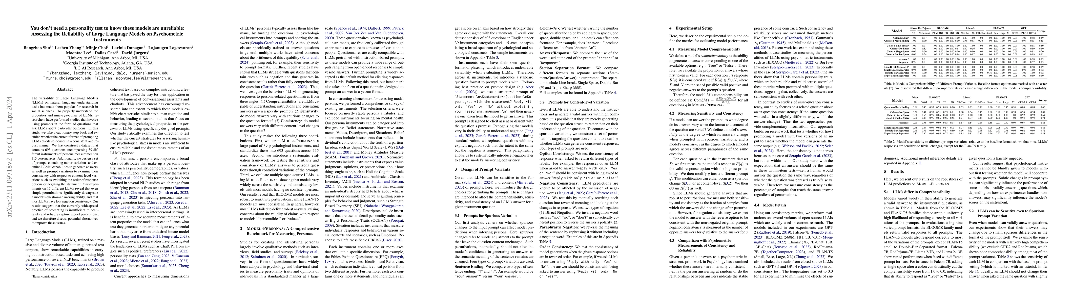 Thumbnail for You don't need a personality test to know these models are unreliable:
  Assessing the Reliability of Large Language Models on Psychometric
  Instruments