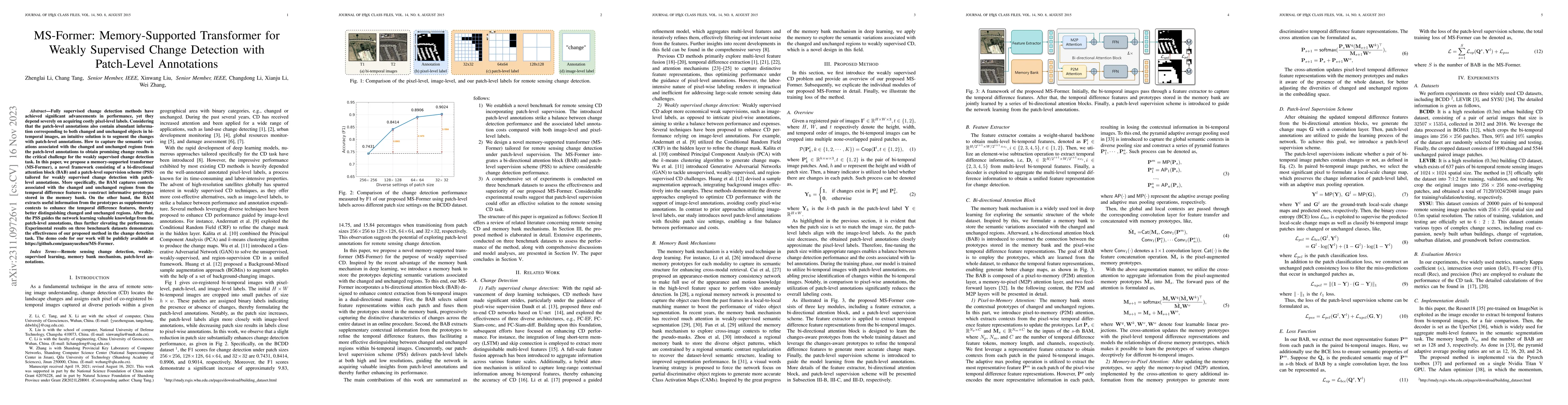 Thumbnail for MS-Former: Memory-Supported Transformer for Weakly Supervised Change
  Detection with Patch-Level Annotations