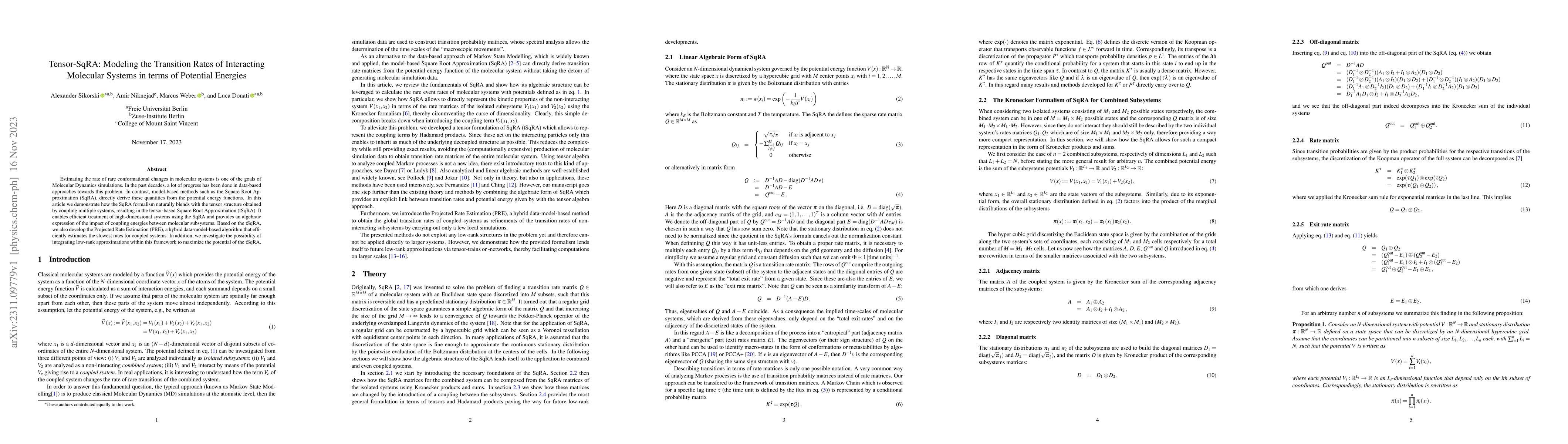 Thumbnail for Tensor-SqRA: Modeling the Transition Rates of Interacting Molecular
  Systems in terms of Potential Energies
