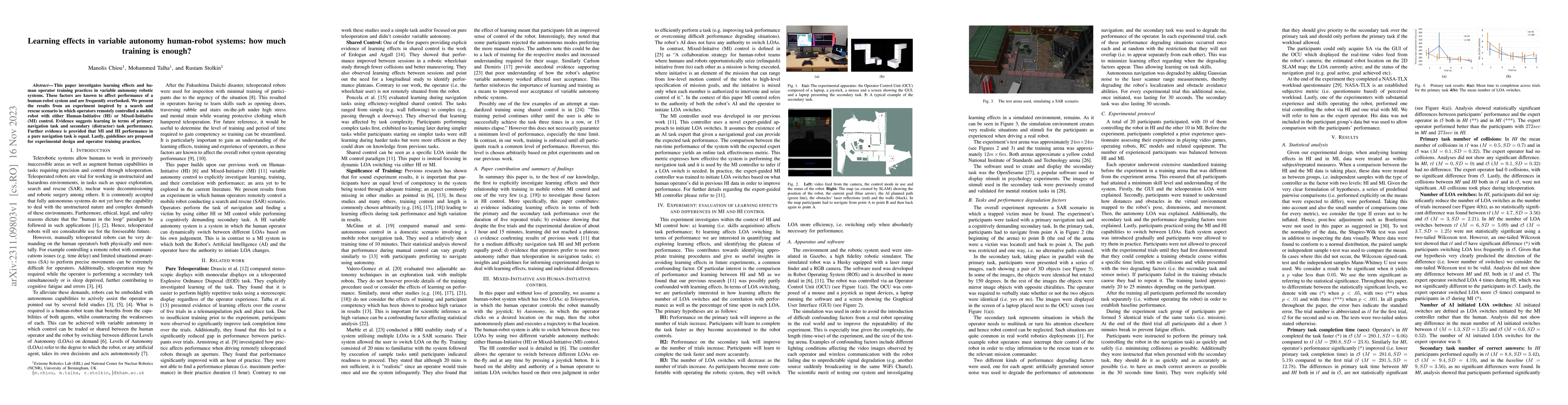 Thumbnail for Learning effects in variable autonomy human-robot systems: how much
  training is enough?