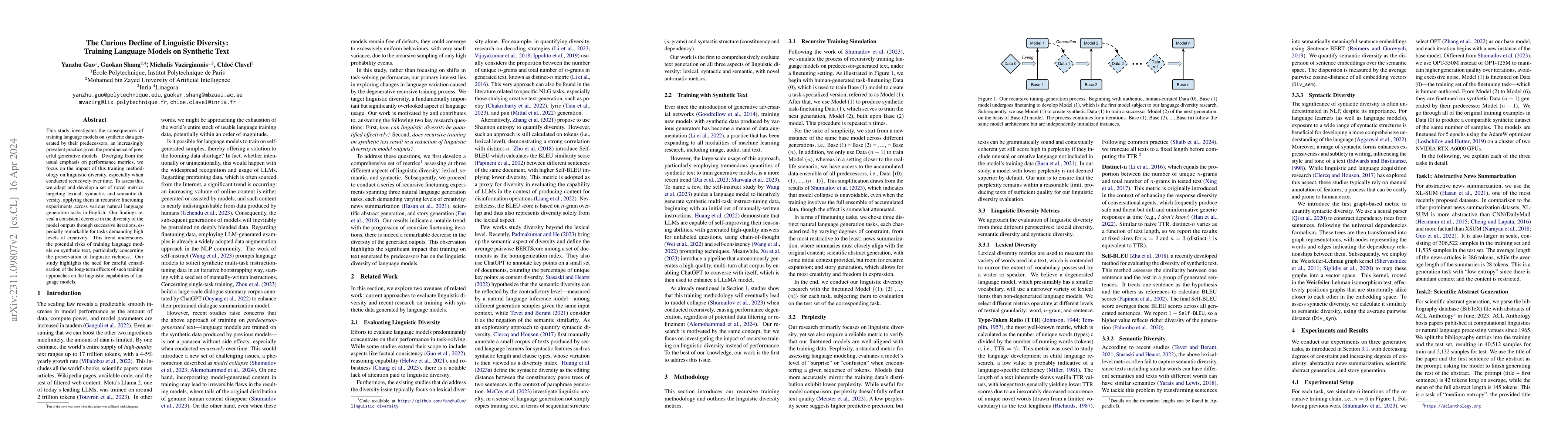 Thumbnail for The Curious Decline of Linguistic Diversity: Training Language Models on
  Synthetic Text