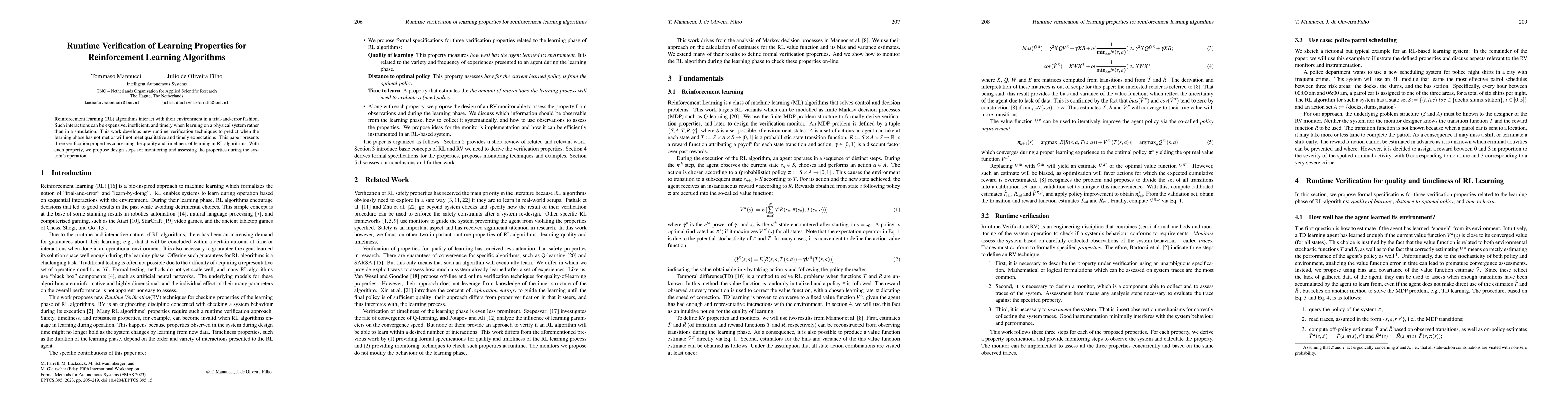 Thumbnail for Runtime Verification of Learning Properties for Reinforcement Learning
  Algorithms