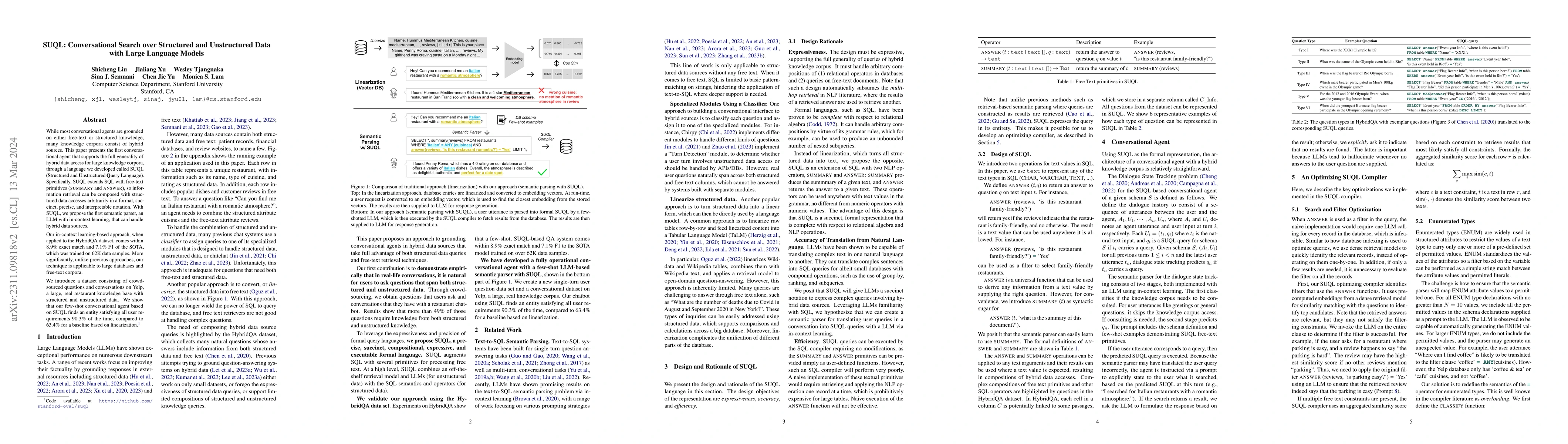 Thumbnail for SUQL: Conversational Search over Structured and Unstructured Data with
  Large Language Models
