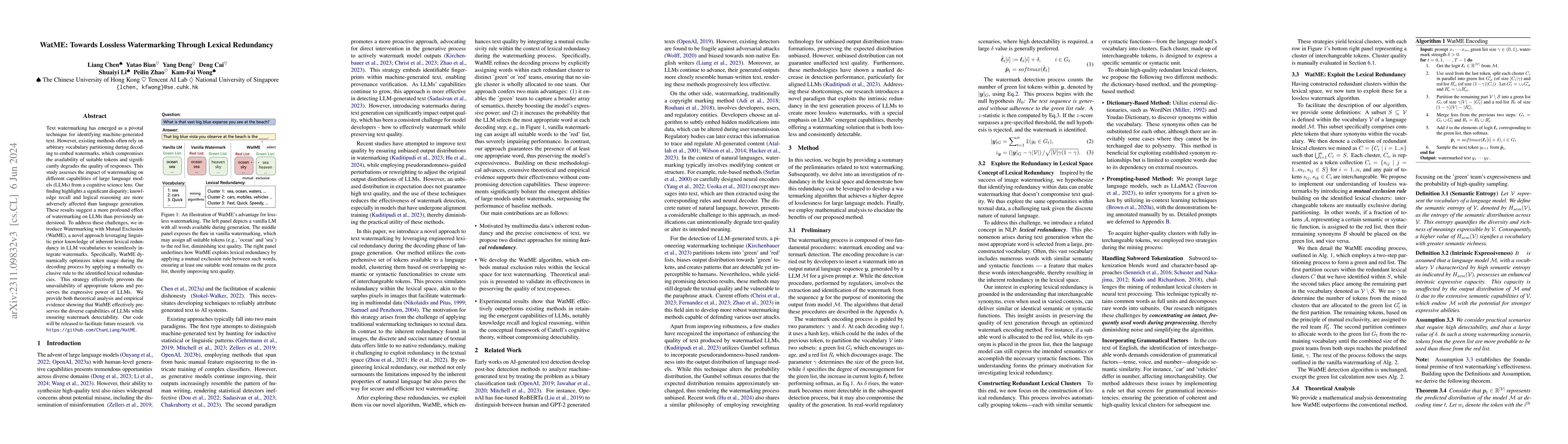 Thumbnail for WatME: Towards Lossless Watermarking Through Lexical Redundancy
