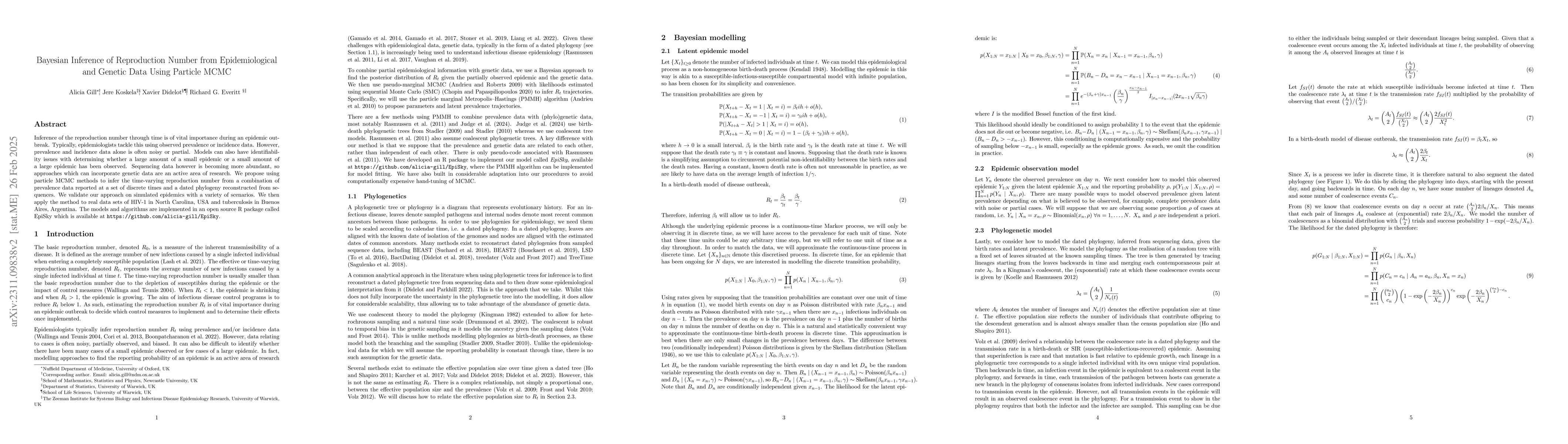 Thumbnail for Bayesian Inference of Reproduction Number from Epidemiological and
  Genetic Data Using Particle MCMC