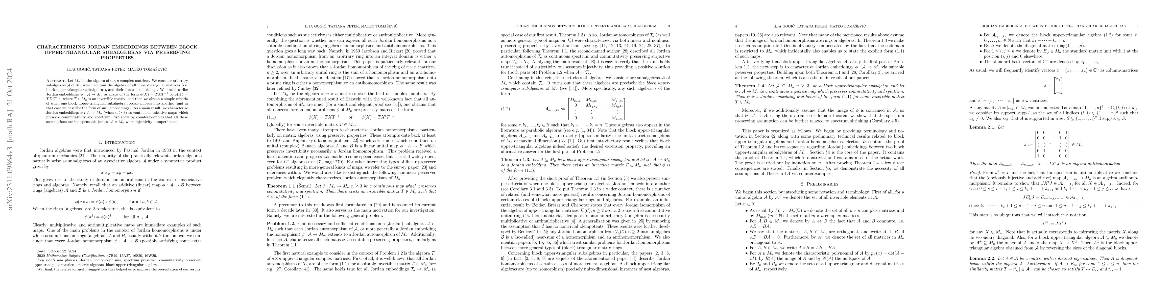 Thumbnail for Characterizing Jordan embeddings between block upper-triangular
  subalgebras via preserving properties