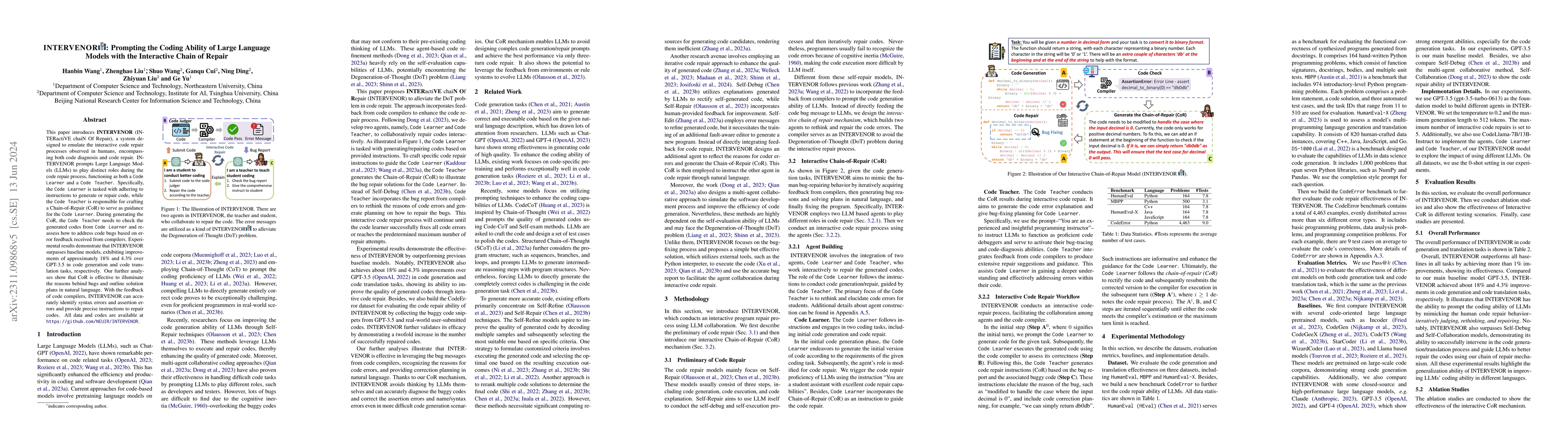 Thumbnail for INTERVENOR: Prompting the Coding Ability of Large Language Models with
  the Interactive Chain of Repair