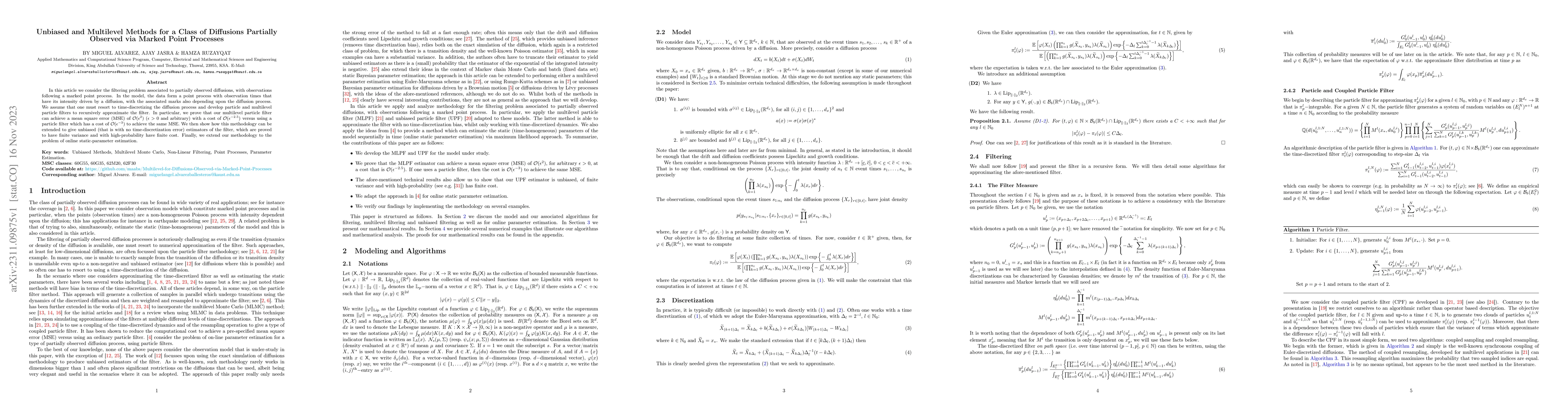 Thumbnail for Unbiased and Multilevel Methods for a Class of Diffusions Partially
  Observed via Marked Point Processes