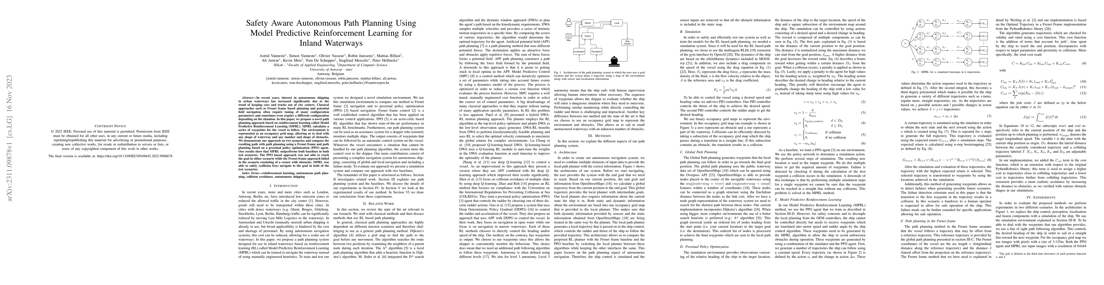Thumbnail for Safety Aware Autonomous Path Planning Using Model Predictive
  Reinforcement Learning for Inland Waterways
