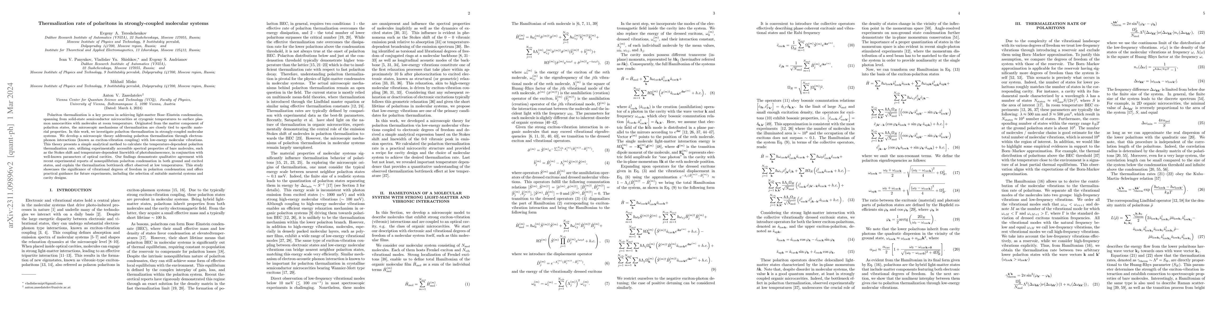Thumbnail for Thermalization rate of polaritons in strongly-coupled molecular systems