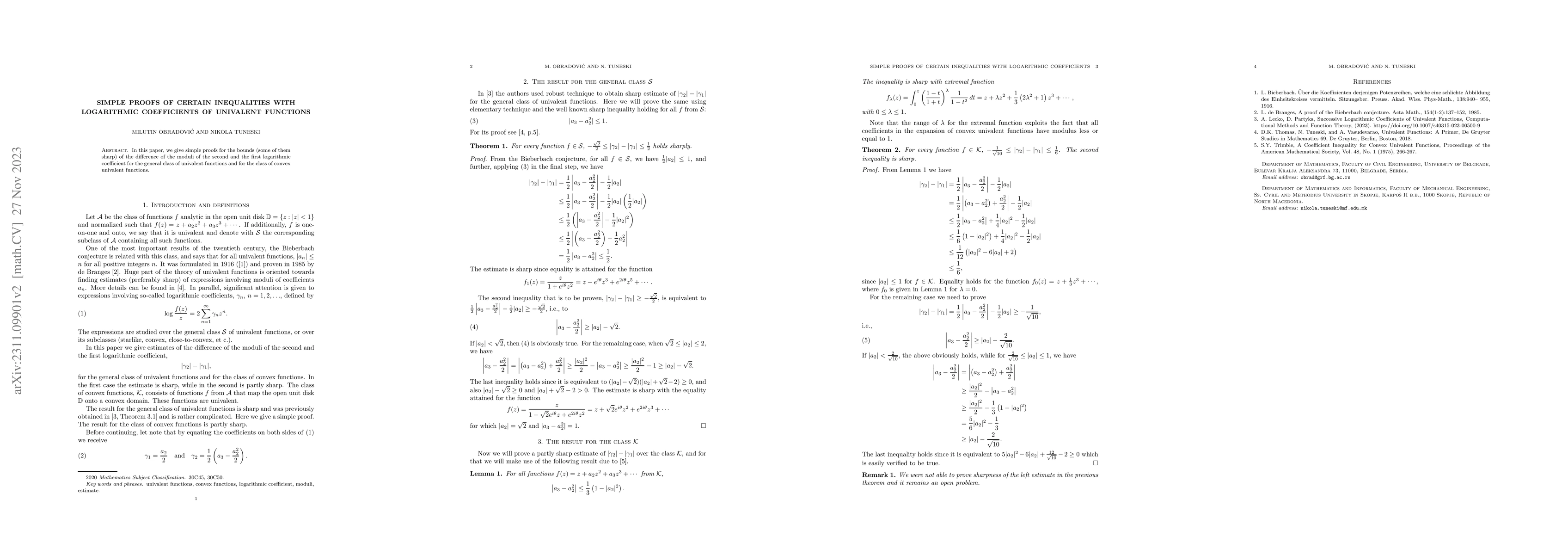 Thumbnail for Simple proofs of certain inequalities with logarithmic coefficients of
  univalent functions