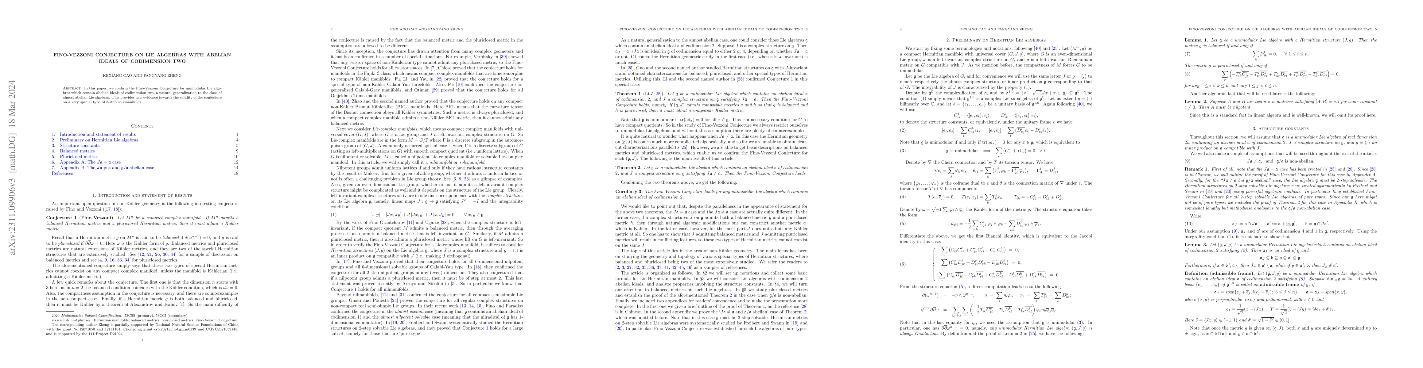 Thumbnail for Fino-Vezzoni conjecture on Lie algebras with abelian ideals of
  codimension two