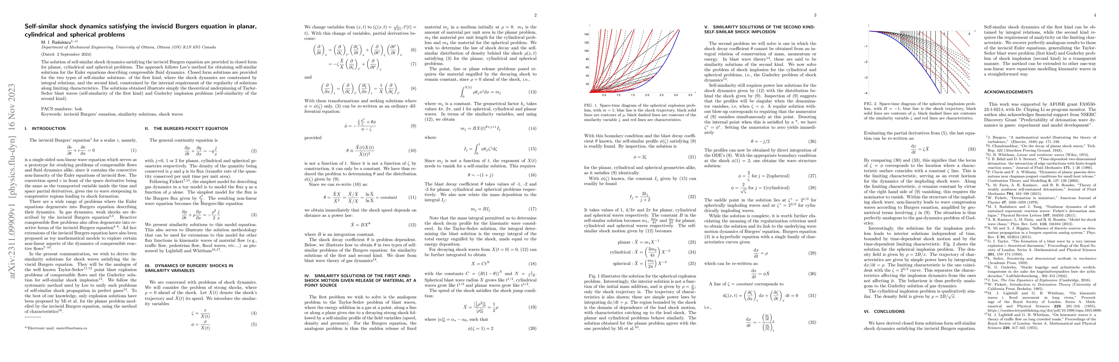 Thumbnail for Self-similar shock dynamics satisfying the inviscid Burgers equation in
  planar, cylindrical and spherical problems