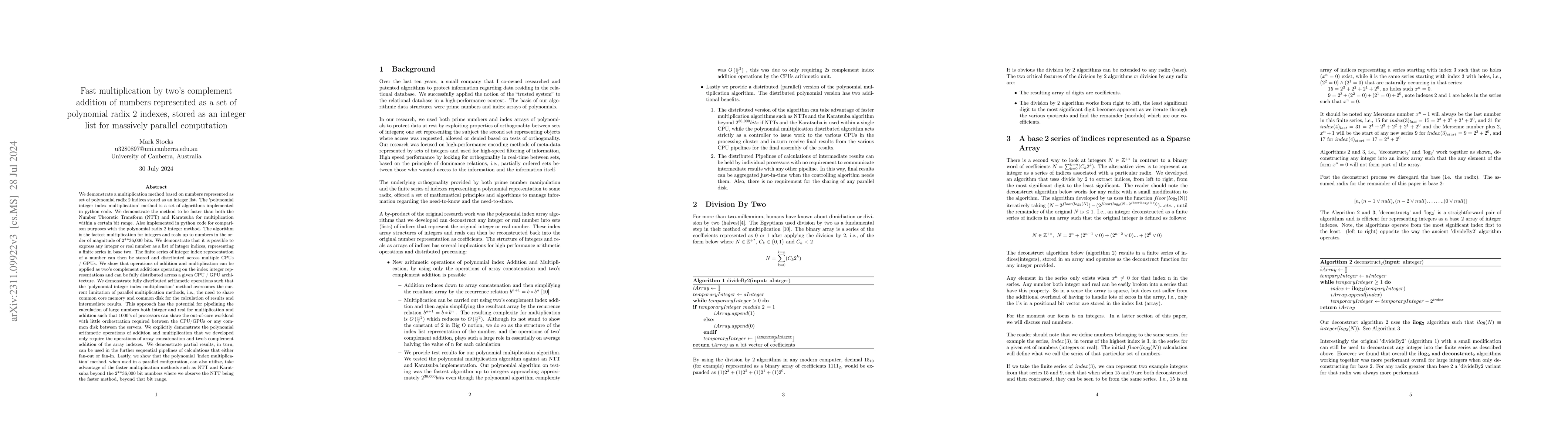 Thumbnail for Fast multiplication by two's complement addition of numbers represented
  as a set of polynomial radix 2 indexes, stored as an integer list for
  massively parallel computation