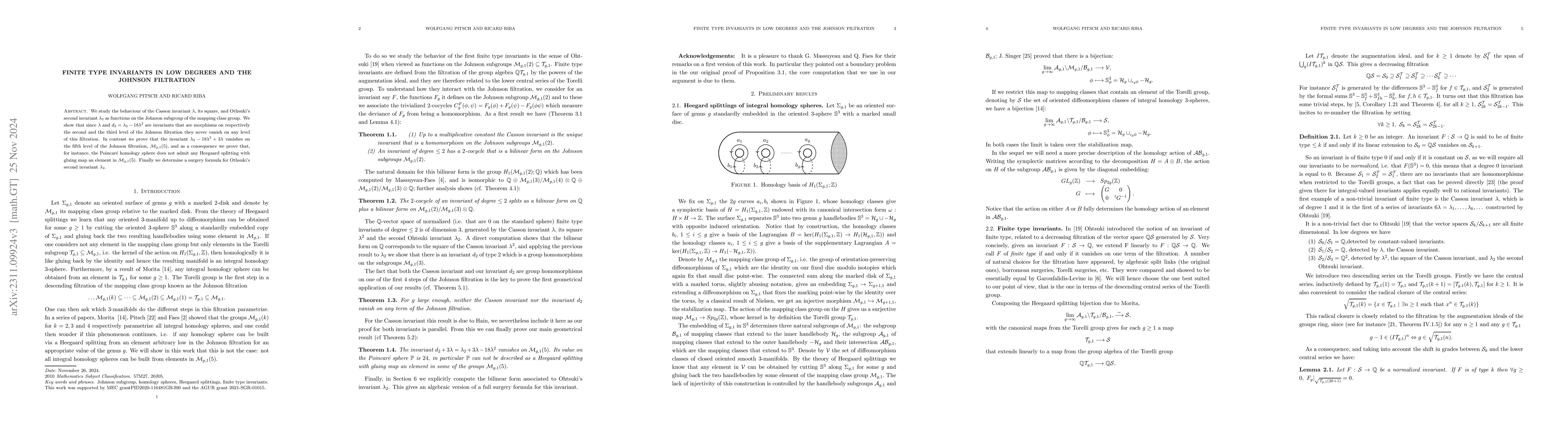 Thumbnail for Finite type invariants in low degrees and the Johnson filtration