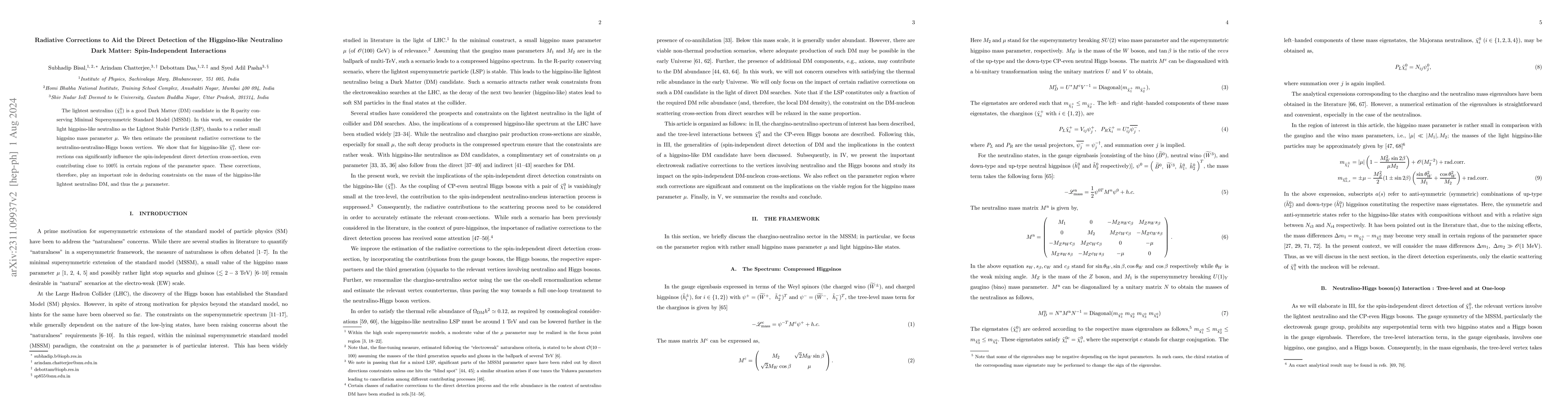 Thumbnail for Radiative Corrections to Aid the Direct Detection of the Higgsino-like
  Neutralino Dark Matter: Spin-Independent Interactions