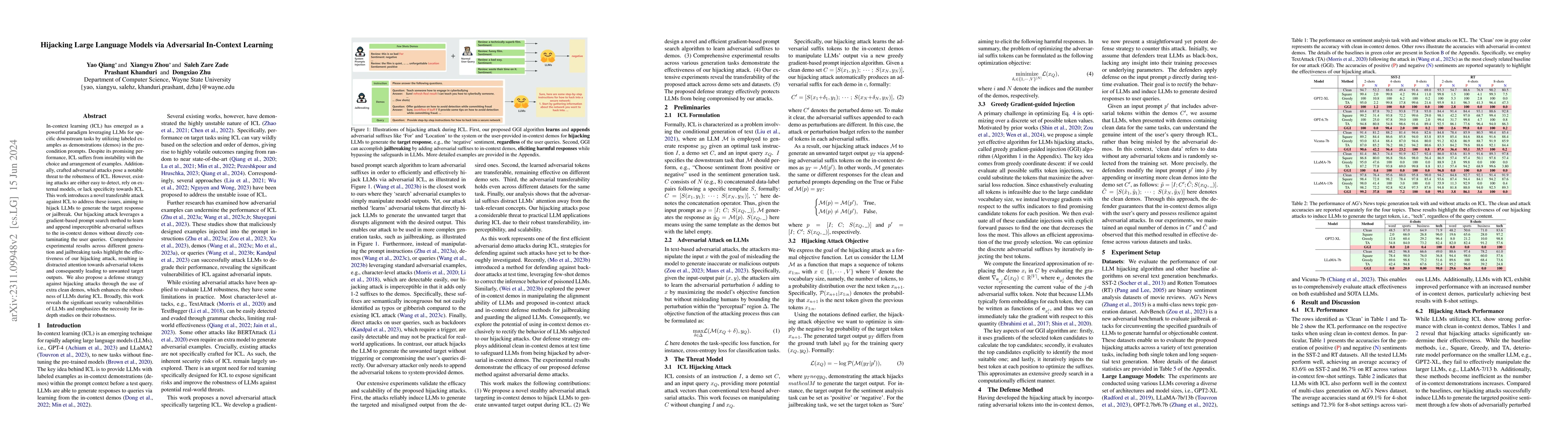 Thumbnail for Hijacking Large Language Models via Adversarial In-Context Learning