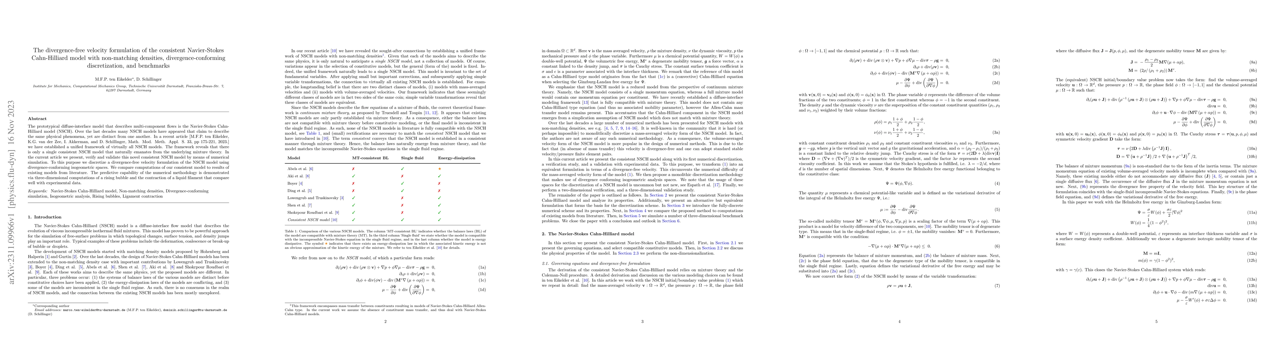Thumbnail for The divergence-free velocity formulation of the consistent Navier-Stokes
  Cahn-Hilliard model with non-matching densities, divergence-conforming
  discretization, and benchmarks