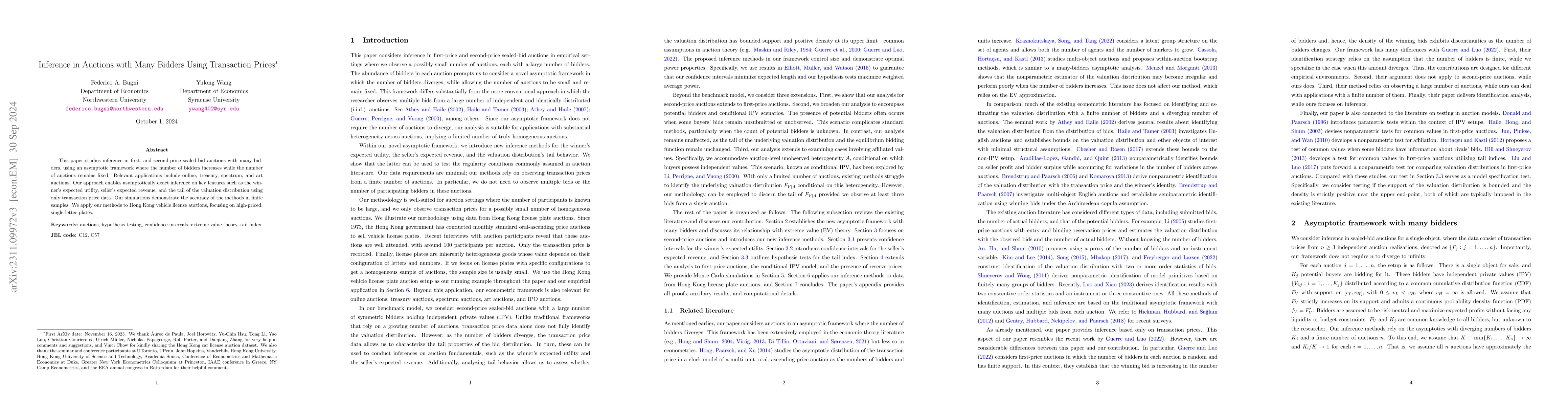 Thumbnail for Inference in Auctions with Many Bidders Using Transaction Prices