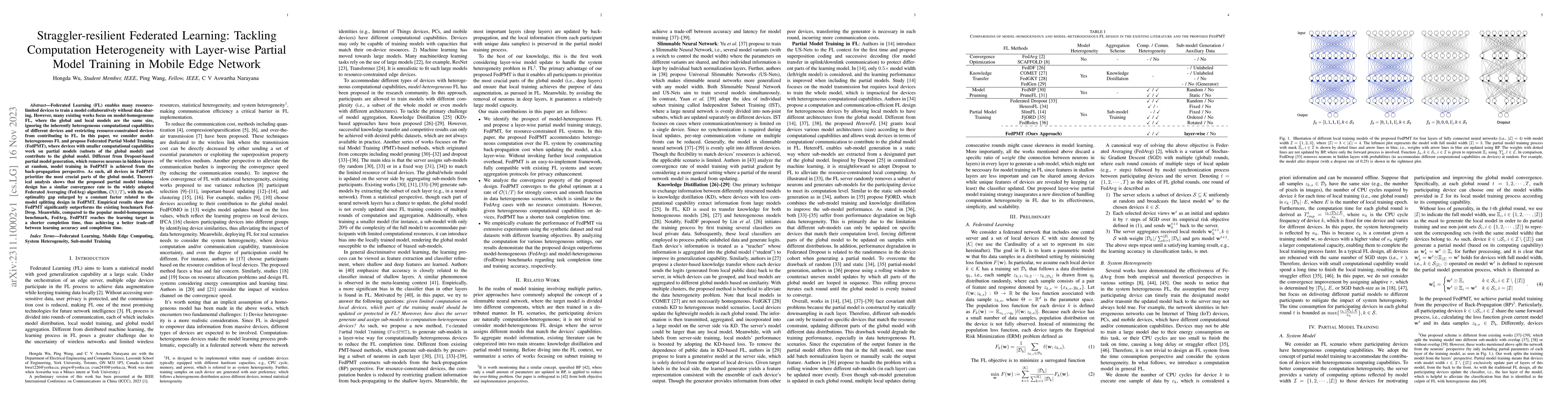 Thumbnail for Straggler-resilient Federated Learning: Tackling Computation
  Heterogeneity with Layer-wise Partial Model Training in Mobile Edge Network