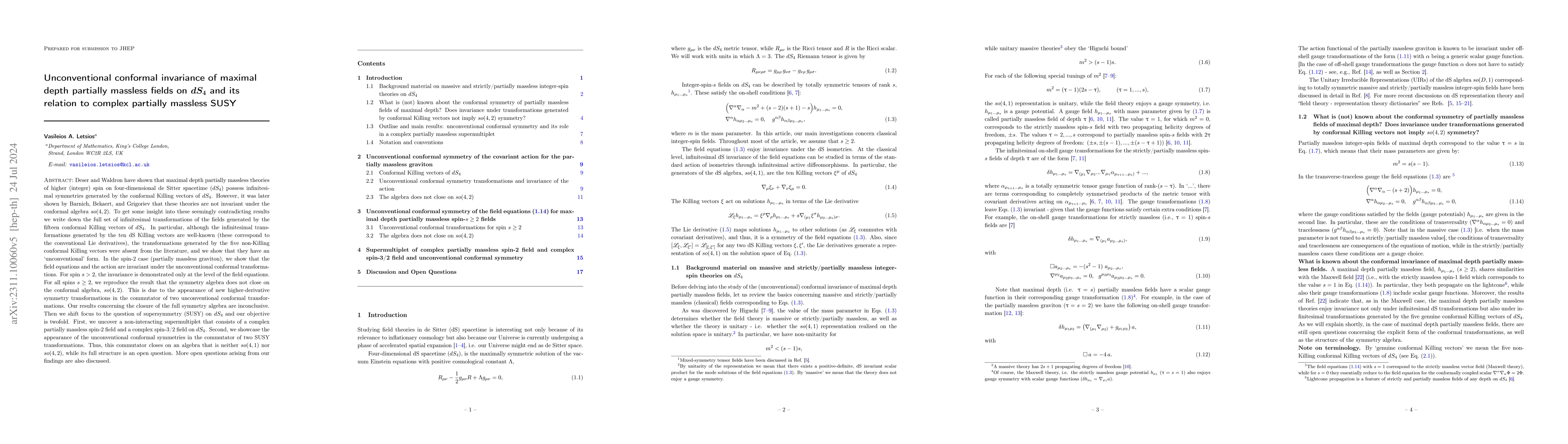 Thumbnail for Unconventional conformal invariance of maximal depth partially massless
  fields on $dS_{4}$ and its relation to complex partially massless SUSY