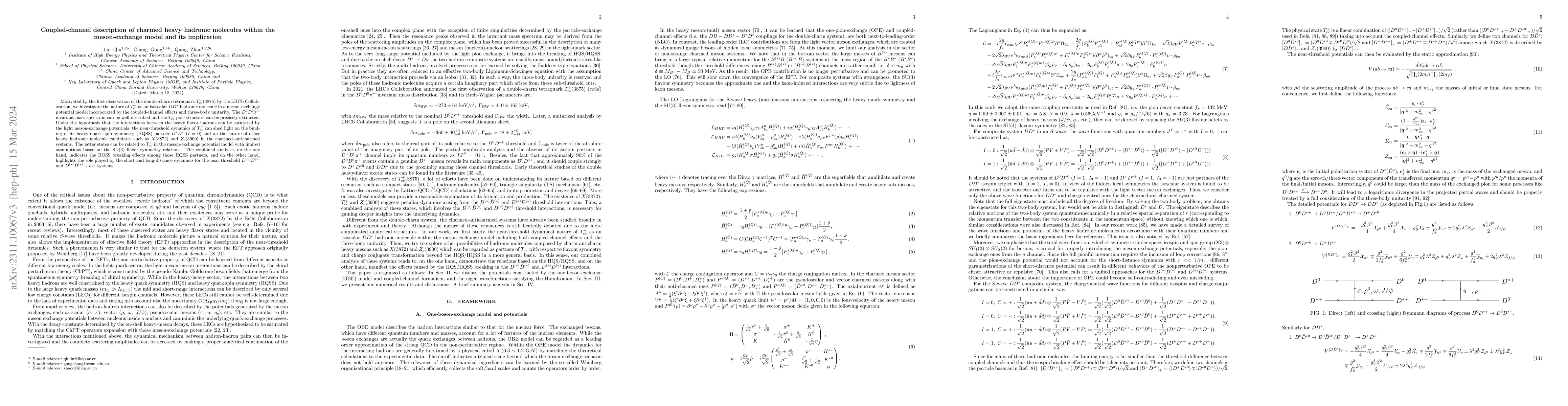 Thumbnail for Coupled-channel description of charmed heavy hadronic molecules within
  the meson-exchange model and its implication