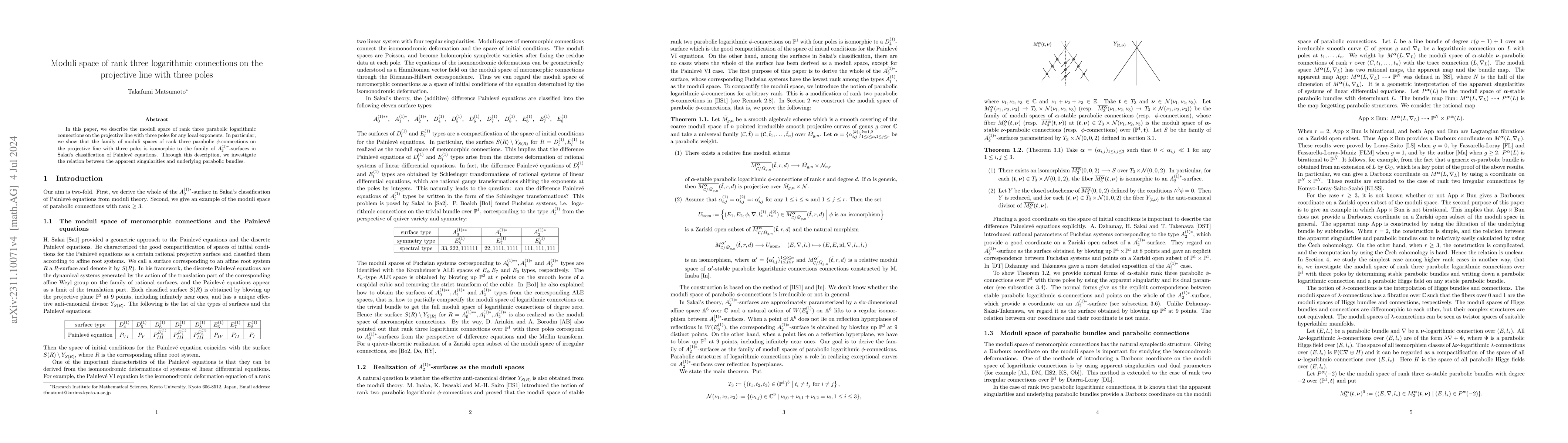 Thumbnail for Moduli space of rank three logarithmic connections on the projective
  line with three poles