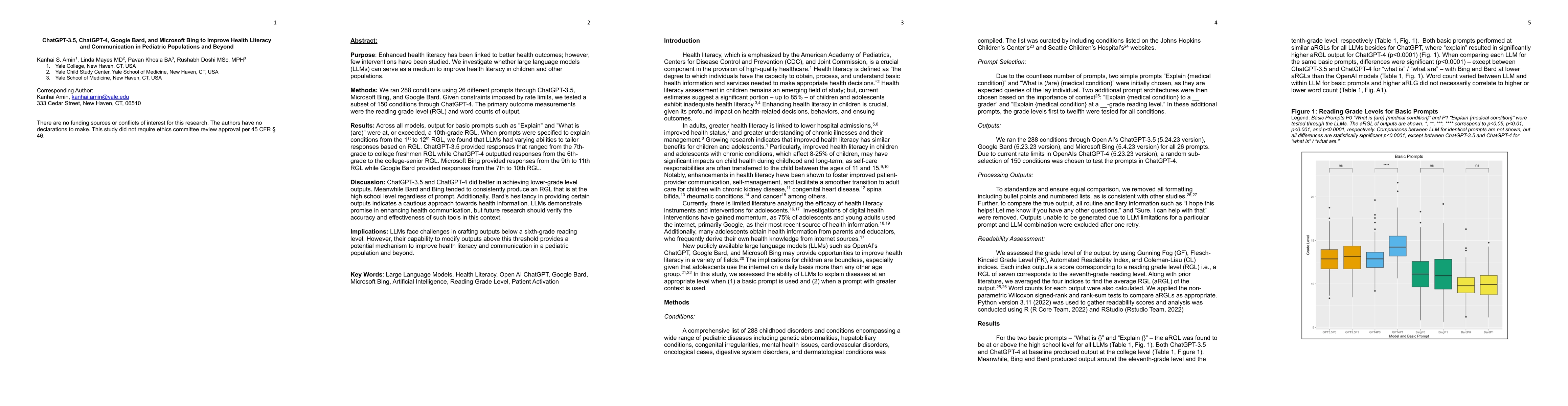 Thumbnail for ChatGPT-3.5, ChatGPT-4, Google Bard, and Microsoft Bing to Improve
  Health Literacy and Communication in Pediatric Populations and Beyond