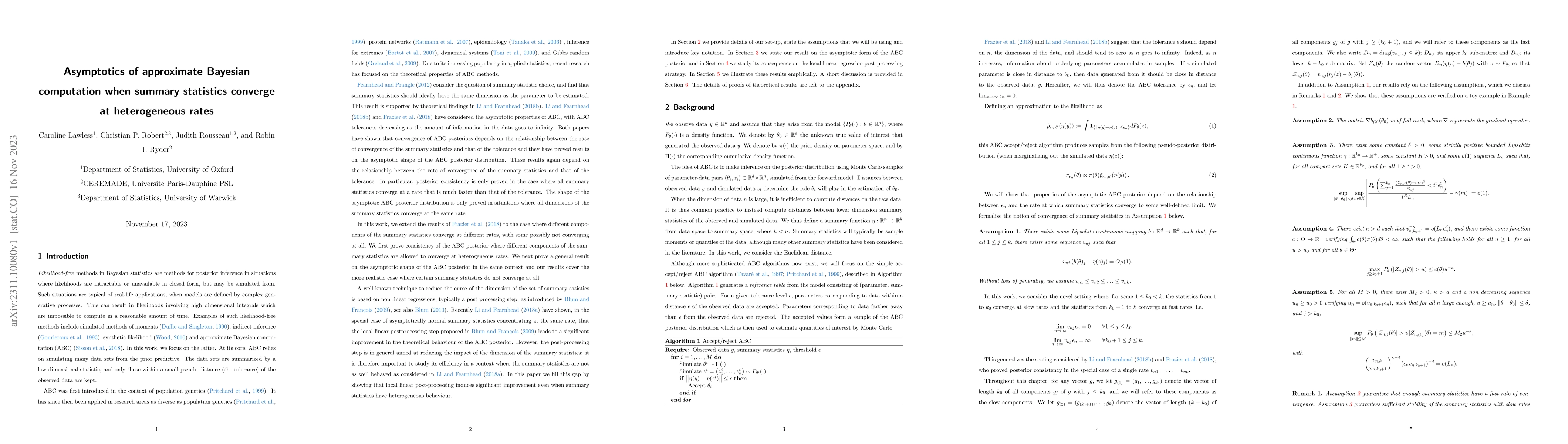 Thumbnail for Asymptotics of approximate Bayesian computation when summary statistics
  converge at heterogeneous rates