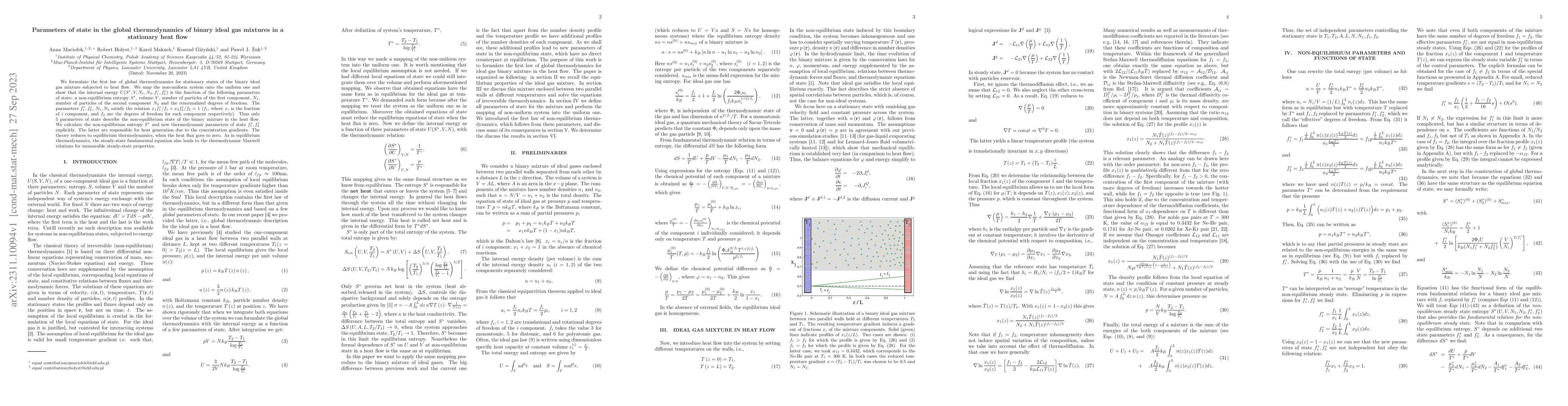 Thumbnail for Parameters of state in the global thermodynamics of binary ideal gas
  mixtures in a stationary heat flow